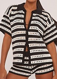 Sexy Women'S Hollow See-Through Lapel Shirt Knitted Shorts Two-Piece Set