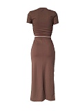 Fashion Summer New Round Neck Short Sleeve Top Long Skirt Perm Diamond Two Piece Set