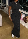 Fashion Summer New Round Neck Short Sleeve Top Long Skirt Perm Diamond Two Piece Set