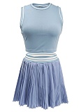 Women'S Sleeveless Short Vest Casual Pleated Skirt Two Piece Suit