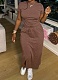 Fashion Summer New Round Neck Short Sleeve Top Long Skirt Perm Diamond Two Piece Set