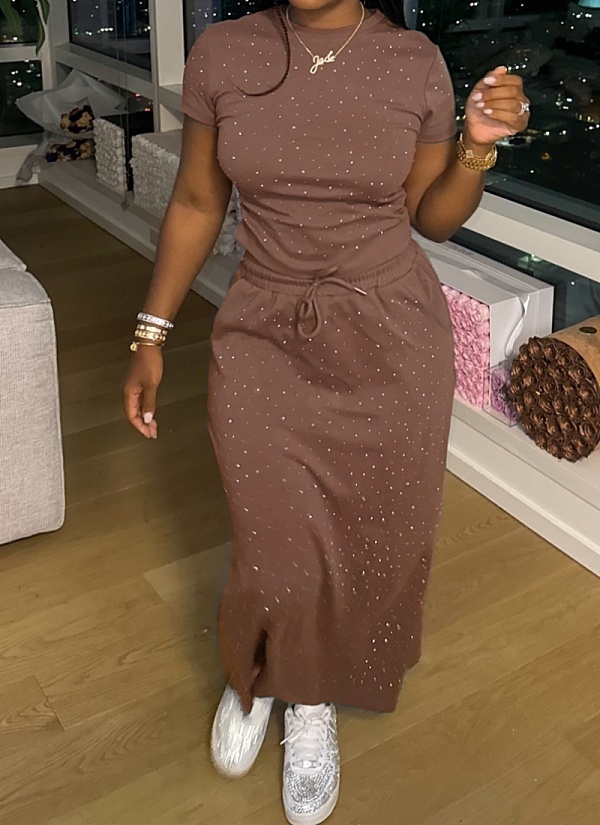 Fashion Summer New Round Neck Short Sleeve Top Long Skirt Perm Diamond Two Piece Set