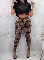 Fashion Sexy Mesh Yarn See-Through Top Tight Pants Printed Two-Piece Suit For Women