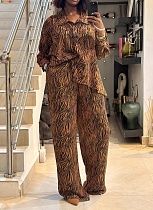 Zebra Print Long Sleeve Lapel Shirt Wide Leg Trousers Fashion Two-Piece Suit