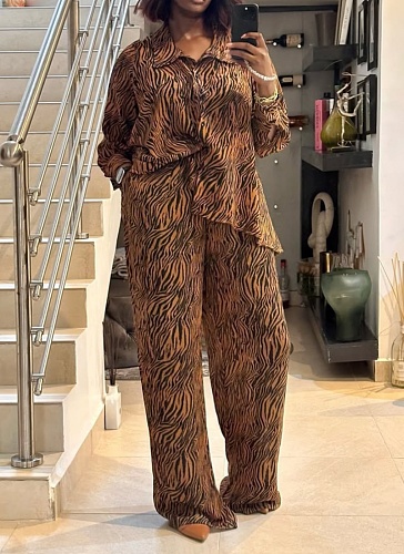 Zebra Print Long Sleeve Lapel Shirt Wide Leg Trousers Fashion Two-Piece Suit