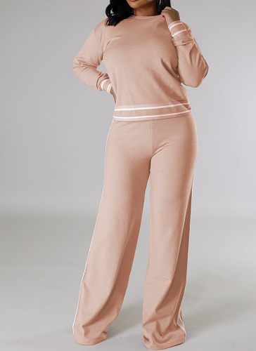 New Long-Sleeved Round Neck Top Wide-Leg Casual Trousers Women'S Two-Piece Suit