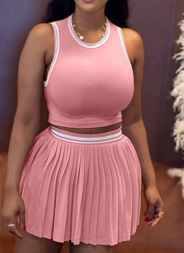 Women'S Sleeveless Short Vest Casual Pleated Skirt Two Piece Suit