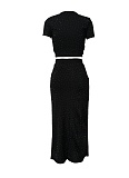Fashion Summer New Round Neck Short Sleeve Top Long Skirt Perm Diamond Two Piece Set