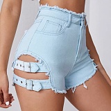 Summer High Waist Women'S Ripped Raw Edge Denim Shorts