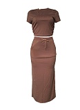 Fashion Summer New Round Neck Short Sleeve Top Long Skirt Perm Diamond Two Piece Set