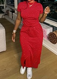 Fashion Summer New Round Neck Short Sleeve Top Long Skirt Perm Diamond Two Piece Set