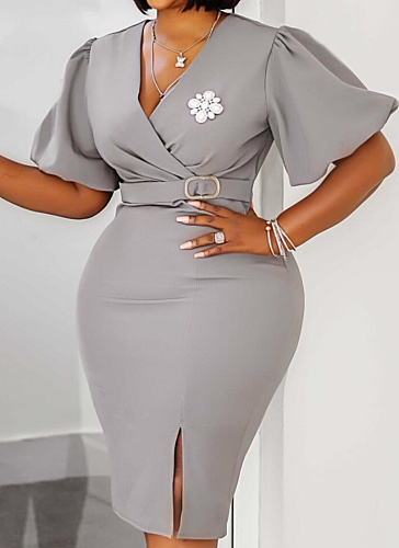 Summer Lantern Sleeve V-Neck Fashion Slit Hip Dress