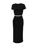 Fashion Summer New Round Neck Short Sleeve Top Long Skirt Perm Diamond Two Piece Set