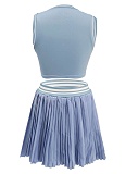 Women'S Sleeveless Short Vest Casual Pleated Skirt Two Piece Suit