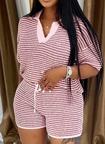 Lapel Striped Knit Top High Waist Shorts Casual Women'S Two-Piece Suit