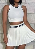 Women'S Sleeveless Short Vest Casual Pleated Skirt Two Piece Suit