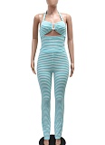 Sexy Lace-Up Cropped Top Slim Pencil Pants Striped Two-Piece Suit For Women