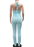 Sexy Lace-Up Cropped Top Slim Pencil Pants Striped Two-Piece Suit For Women