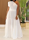 New Linen Women'S Fashion Temperament Solid Color Oblique Shoulder Dress