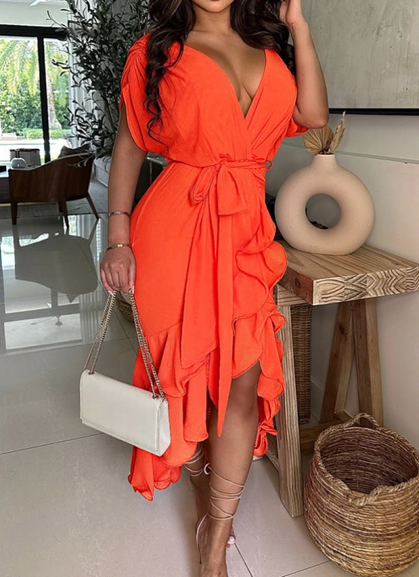 Sexy Deep V Neck Solid Color Irregular Lace-Up Dress For Women