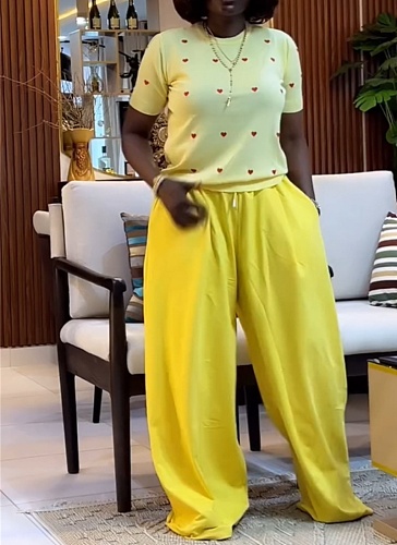 Fashion Round Neck Heart Short Sleeve Top Wide Leg Trousers Two Piece Suit For Women
