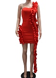 Women'S Red One Shoulder Ruffled Banquet Party Dress