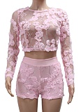 Women'S Embroidered Mesh Round Neck Long Sleeve Top Sexy Shorts Two Piece Suit