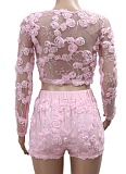 Women'S Embroidered Mesh Round Neck Long Sleeve Top Sexy Shorts Two Piece Suit