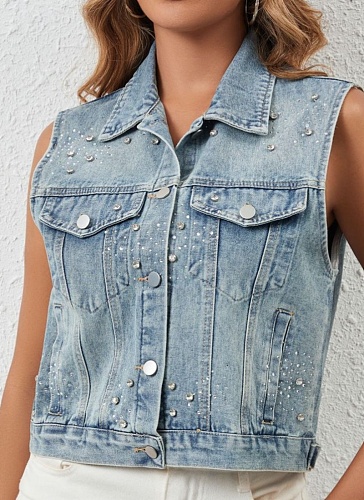 Fashionable And Casual Loose-Fitting Nail-Studded Cardigan Denim Vest