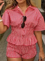 Summer New Sweet Red And White Plaid Short-Sleeved Shirt Shorts Two-Piece Suit For Women