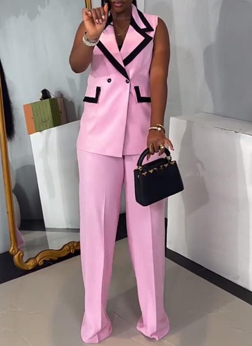 Women'S Casual Contrast Color Lapel Vest Wide Leg Trousers Two Piece Suit