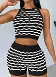 Fashionable Casual Color-Blocked Knitted Sleeveless Vest Shorts Two-Piece Set
