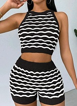Fashionable Casual Color-Blocked Knitted Sleeveless Vest Shorts Two-Piece Set