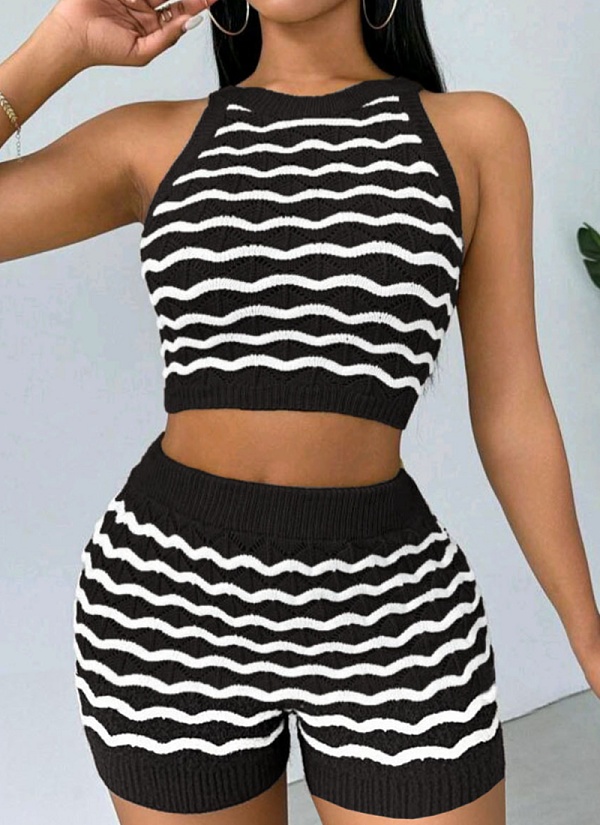 Fashionable Casual Color-Blocked Knitted Sleeveless Vest Shorts Two-Piece Set
