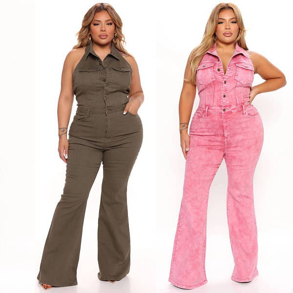 Denim Fashion High Elastic Sexy Backless Lapel Jumpsuit For Women