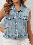 Fashionable And Casual Loose-Fitting Nail-Studded Cardigan Denim Vest