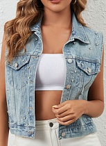 Fashionable And Casual Loose-Fitting Nail-Studded Cardigan Denim Vest