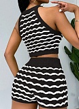 Fashionable Casual Color-Blocked Knitted Sleeveless Vest Shorts Two-Piece Set