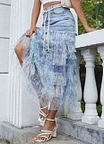 Personalized Street Mesh Floral Splicing Denim Cake Skirt