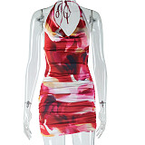 Sexy Printed Halter Neck Dress With Exposed Backpack