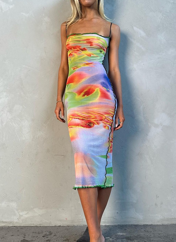 Printed Colorful Suspender Long Dress For Women