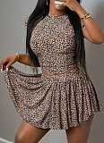 Leopard Print Round Neck Short Sleeve Top Sexy Waist-Length Miniskirt Two-Piece Set