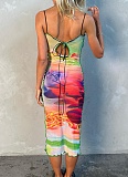 Printed Colorful Suspender Long Dress For Women