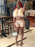 Sexy Nightclub Halter Neck Strappy Feather Top Tight Shorts Two-Piece Set
