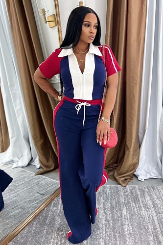 Dark Blue Stitching Lapel Zipper Drawstring Short-Sleeved Sports Trousers Two-Piece Set