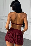 Burgundy Spring And Summer New Sexy Halter Neck Vest Pleated Skirt Two-Piece Suit