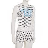 Fashion Polka Dot Print Contrast Color Sleeveless Round Neck Vest High Waist Shorts Set