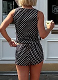 Fashion Polka Dot Print Contrast Color Sleeveless Round Neck Vest High Waist Shorts Set