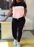 Fashionable Contrast Color Stitching Short-sleeved T-shirt and Trousers Suit