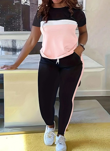 Fashionable Contrast Color Stitching Short-sleeved T-shirt and Trousers Suit
